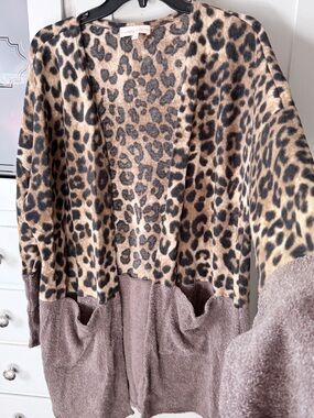 Leopard Print Teddy Open-Front Jacket in Brown